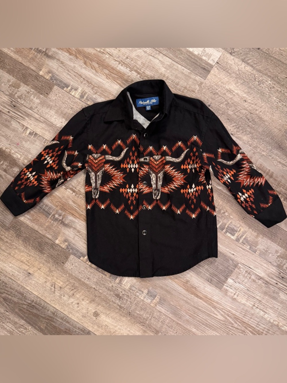 Panhandle Slim Boys Western Shirt XS Aztec Longhorn Skull Snap Button Black